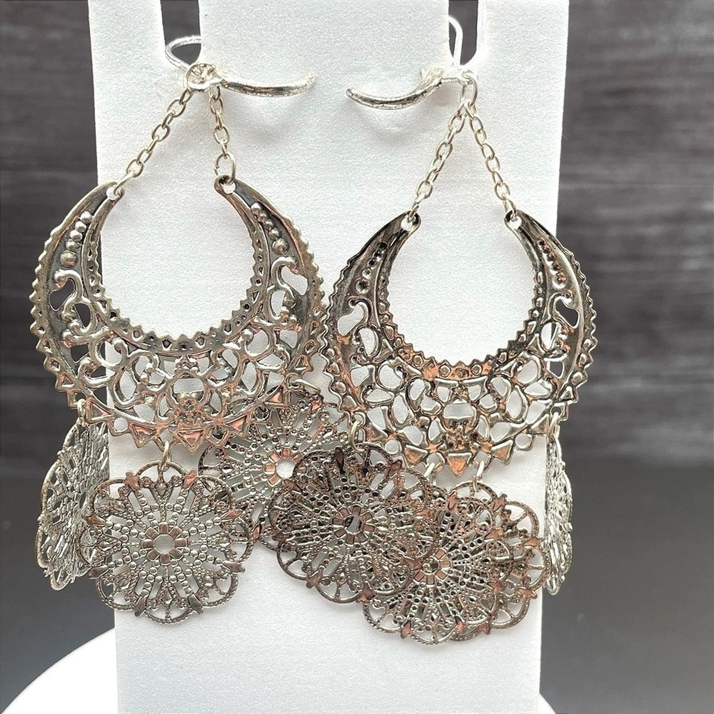 Vintage Chandelier Earrings Boho Crescent Medallion Style Silver Tone Statement